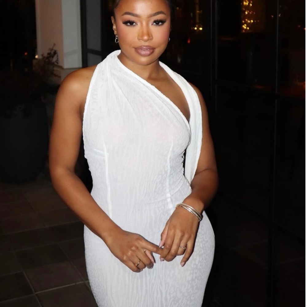 Olena White Burnout Velvet Animal Print Mesh Halter Neck Maxi Dress